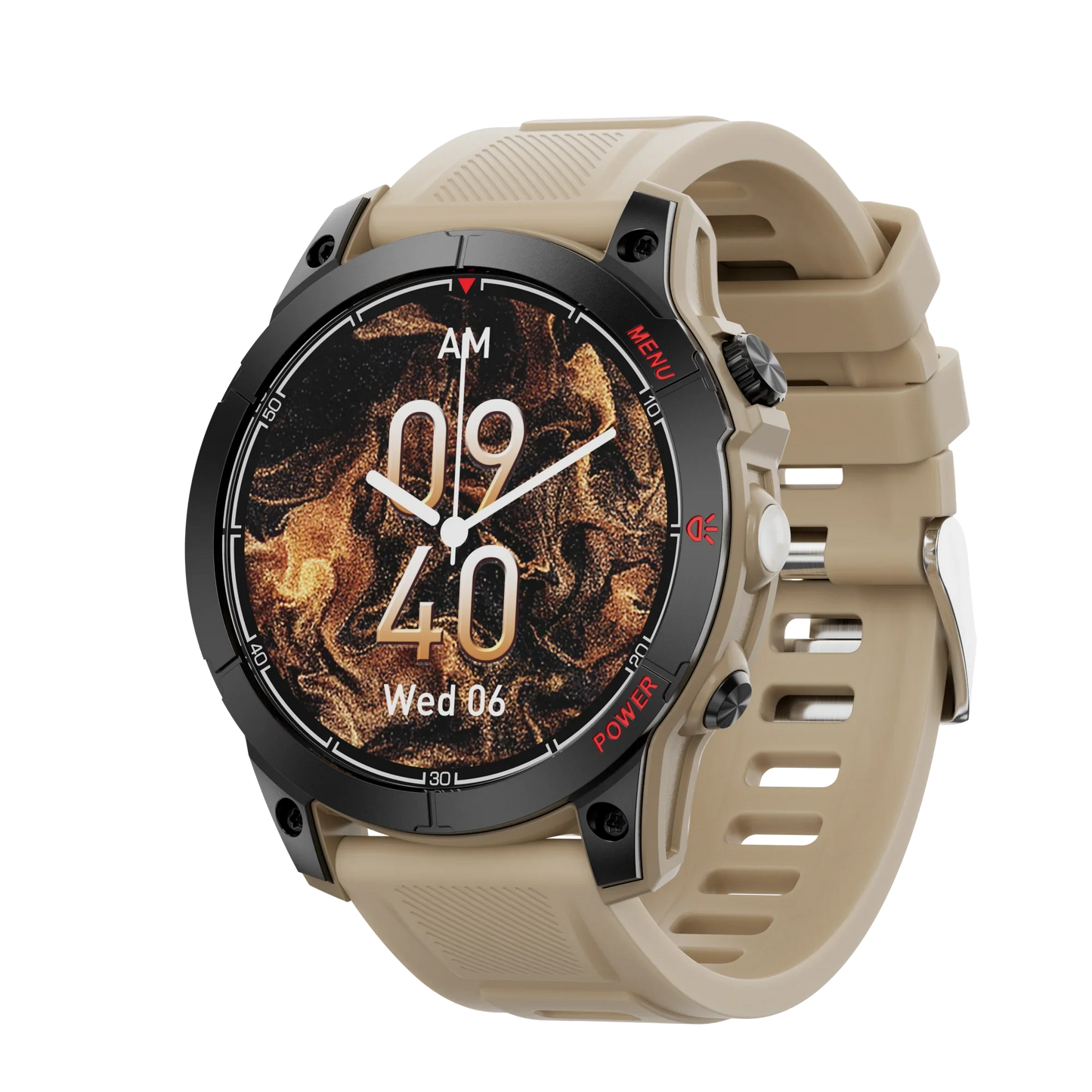 Smartwatch with beige silicone strap and black bezel displaying time 09:40 AM and date Wed 06