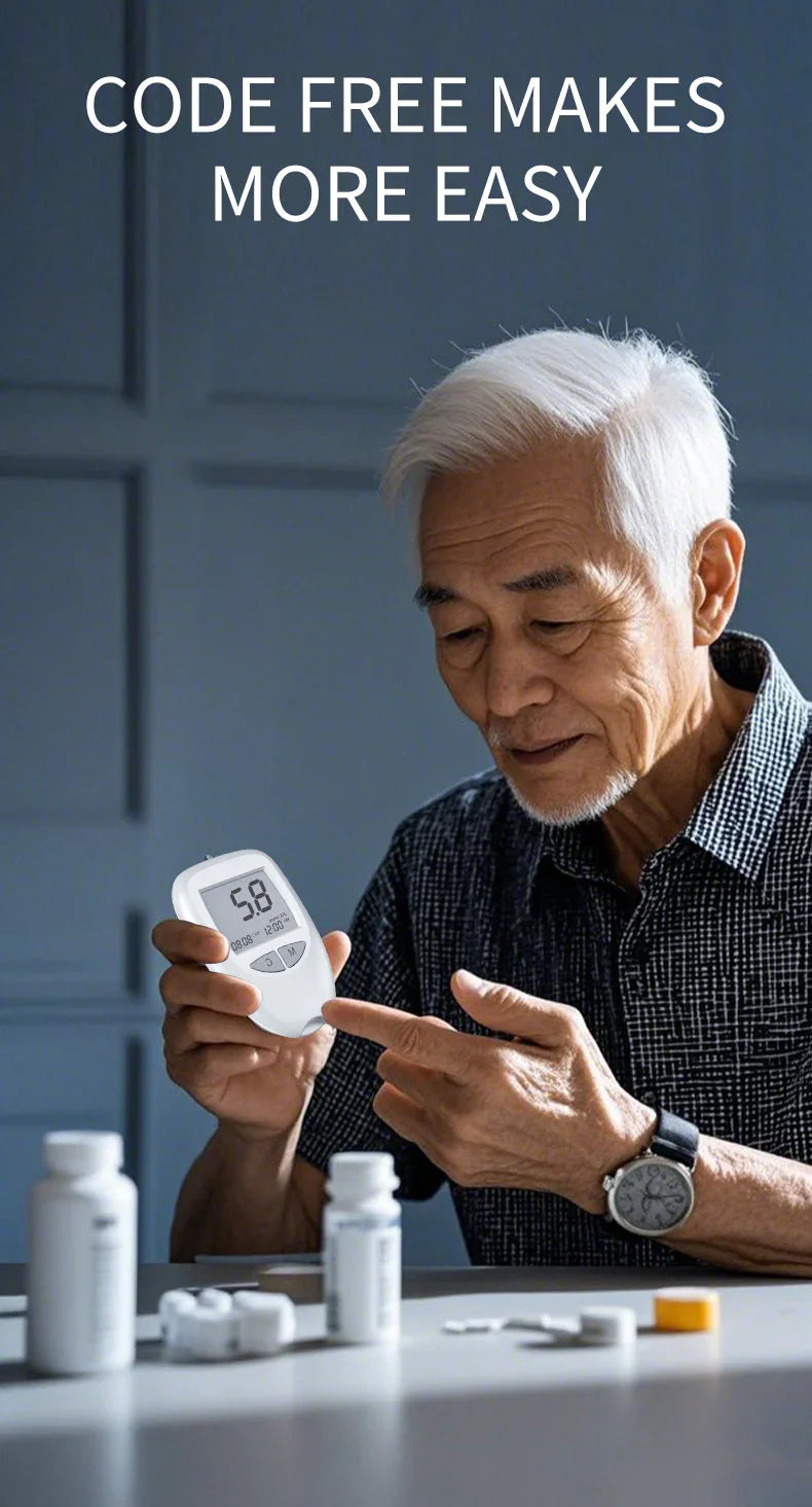 Senior man holding digital glucose meter showing reading 5.8 with medication bottles on table