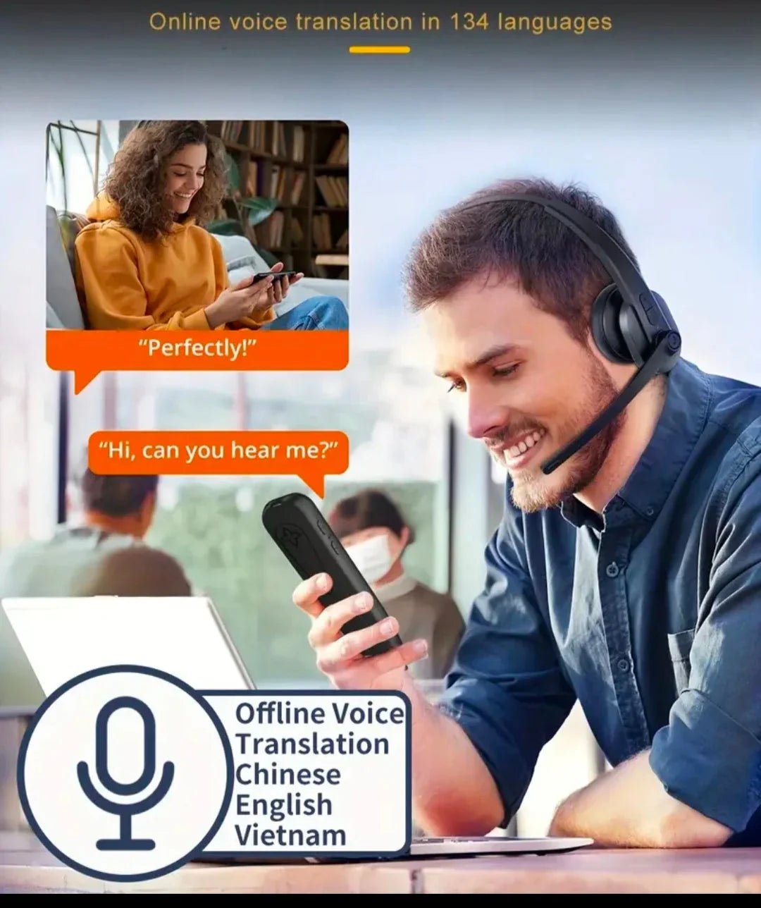 Man using a portable voice translator device with headset, showing online voice translation in 134 languages