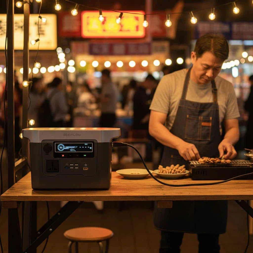 Man grilling food at night market stall powered by portable EcoFlow generator with string lights