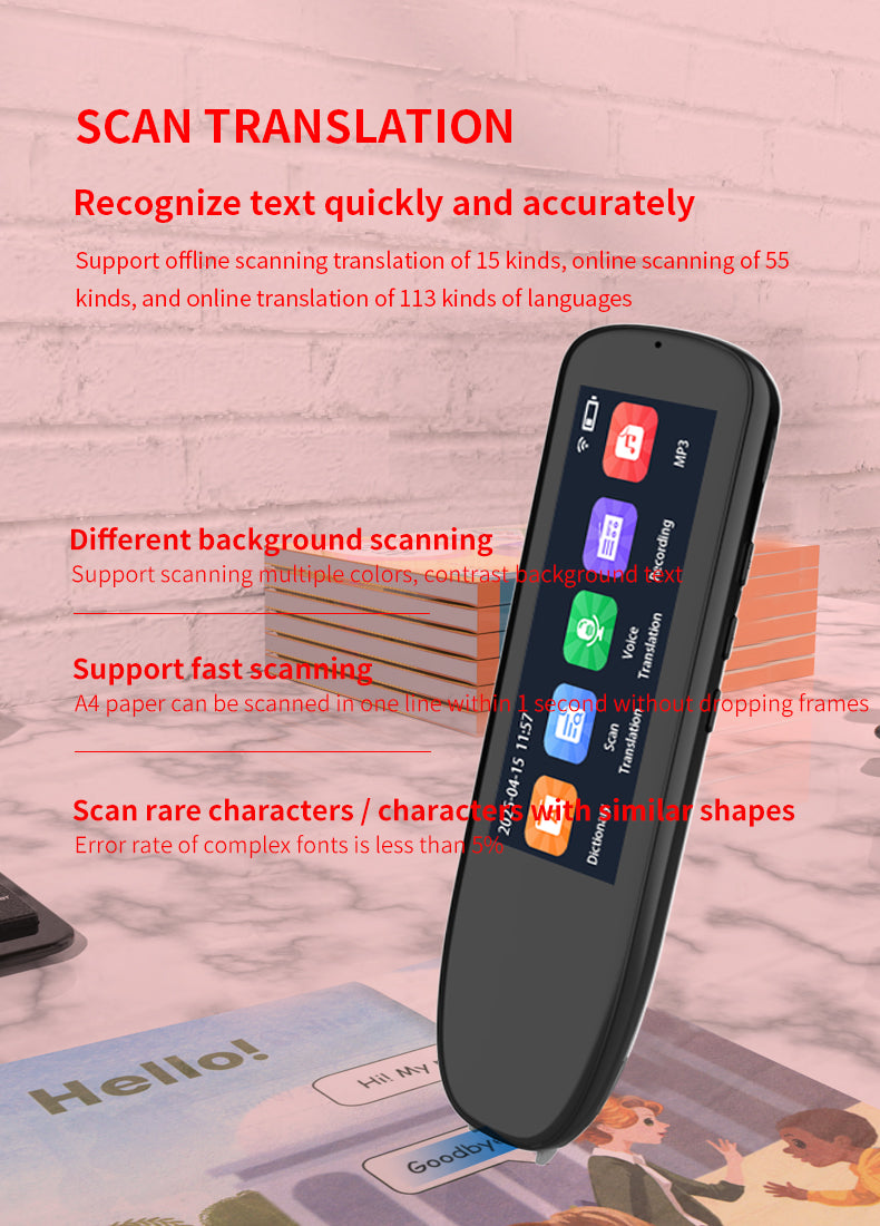 HP33 Smart products Watches, bracelets, rings, translation pens The multi-functional multi-language translation pen supports scanning voice to quickly and accurately recognize text, offline translation,