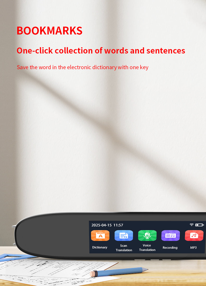 HP33 Smart products Watches, bracelets, rings, translation pens The multi-functional multi-language translation pen supports scanning voice to quickly and accurately recognize text, offline translation,