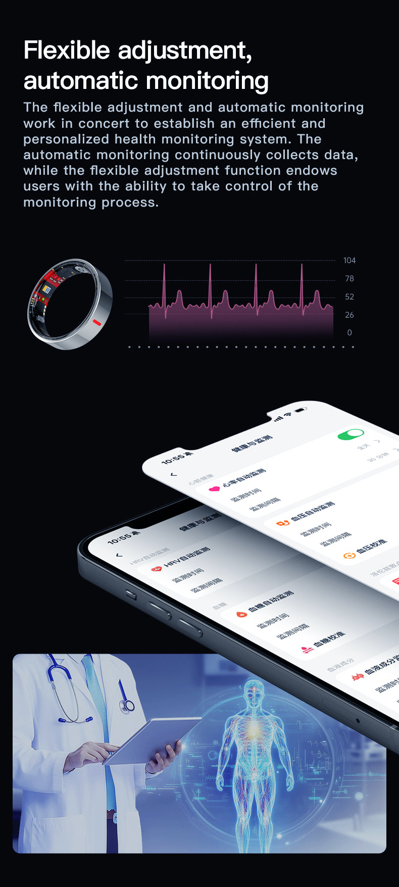 HP58Smart Ring ,Exquisite stainless steel,Heart Rate Monitoring, Blood Oxygen Monitoring, Blood Pressure Monitoring, Step Counting, Exercise, Remote Care