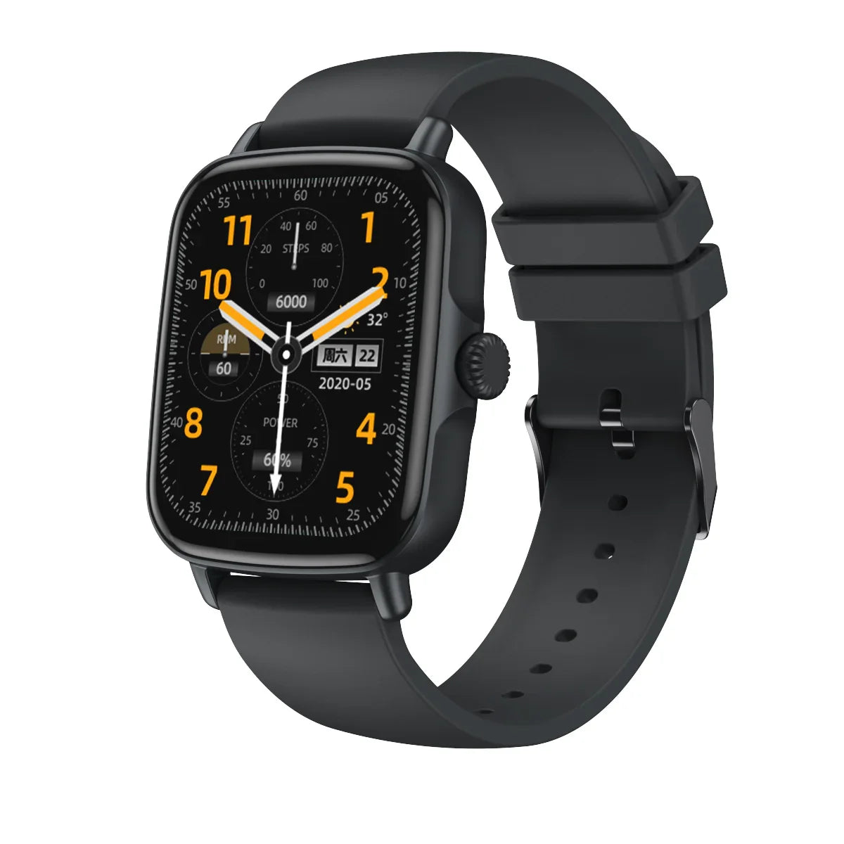 Black smartwatch with digital display showing time, date, steps, temperature, and power on black silicone band