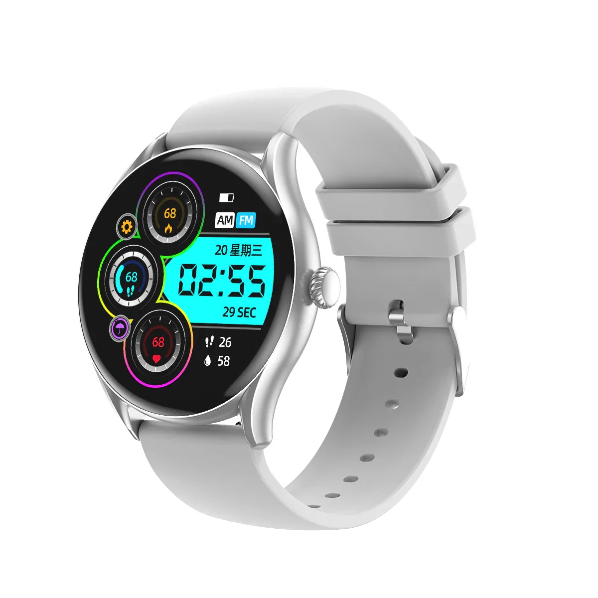 Silver smartwatch with gray silicone band displaying colorful fitness and time metrics on digital screen