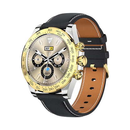 Elegant wristwatch with gold bezel, black leather strap, date display, and multiple dials