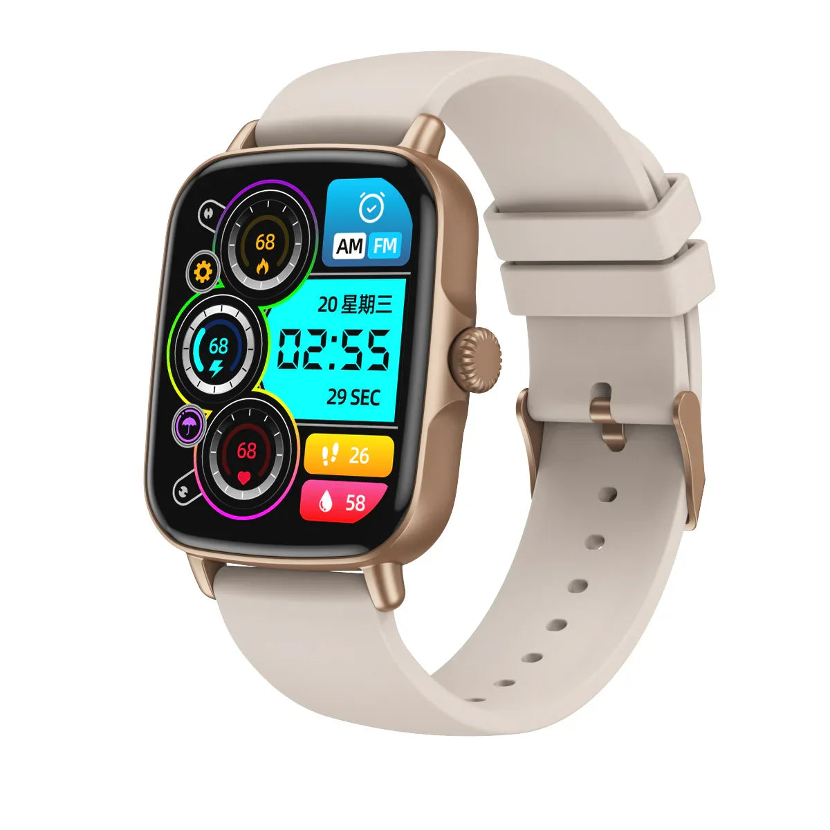 rose gold smartwatch with beige silicone band showing time and health stats on colorful digital display