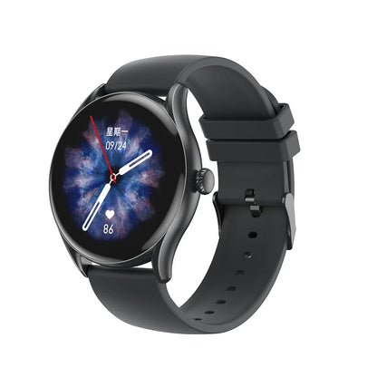 Black smart watch with round display showing time, date in Chinese, heart rate 86, and abstract blue-purple background