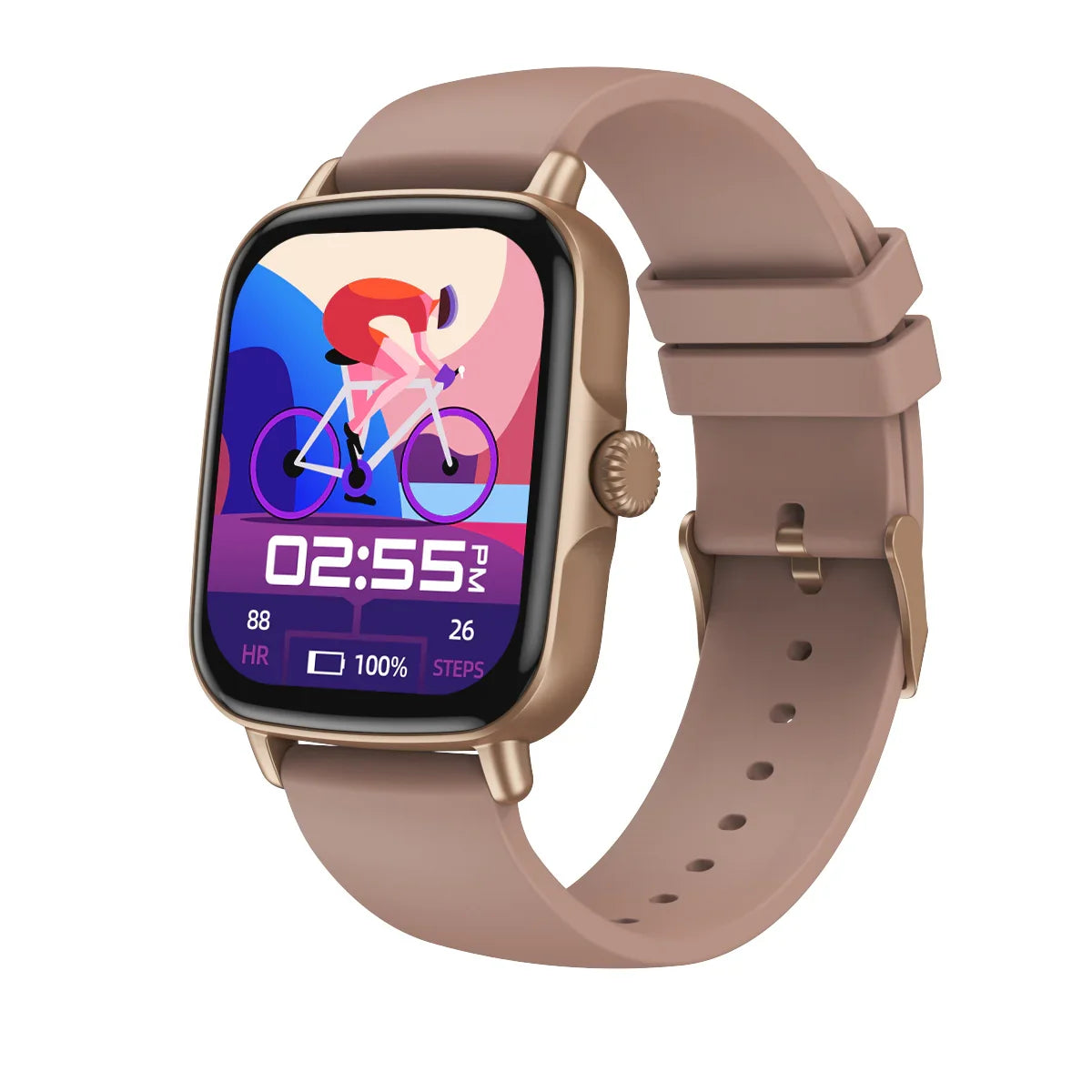 Gold smart watch with pink silicone band showing cycling activity and time 2:55 PM