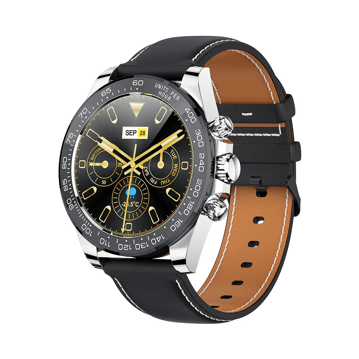 Black leather strap smartwatch with silver case displaying date, weather, battery, and weekday