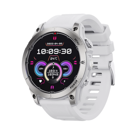 White sports smartwatch showing time, date, temperature, heart rate, and step count on round digital display