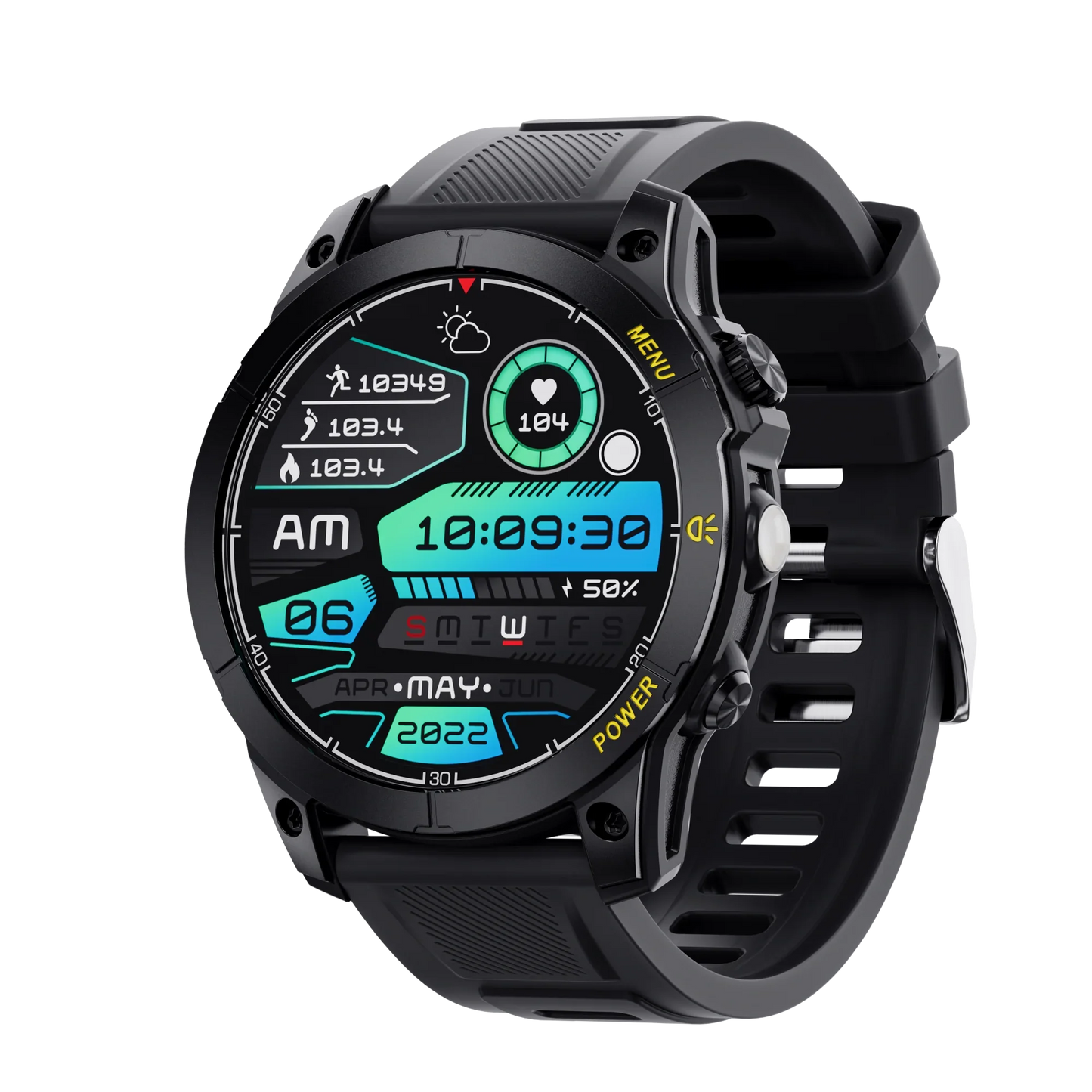 Black smart fitness watch with digital time, heart rate 104, step count 10349, and date May 6, 2022