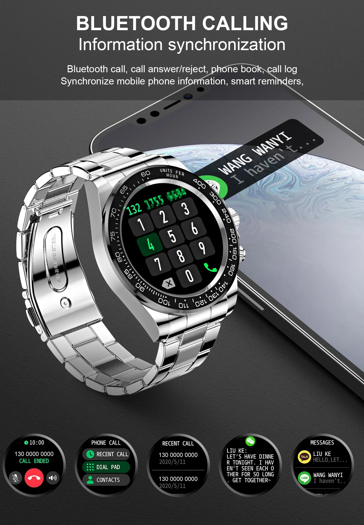 Silver smart watch with Bluetooth calling, dial pad, call log, and message sync displayed with smartphone