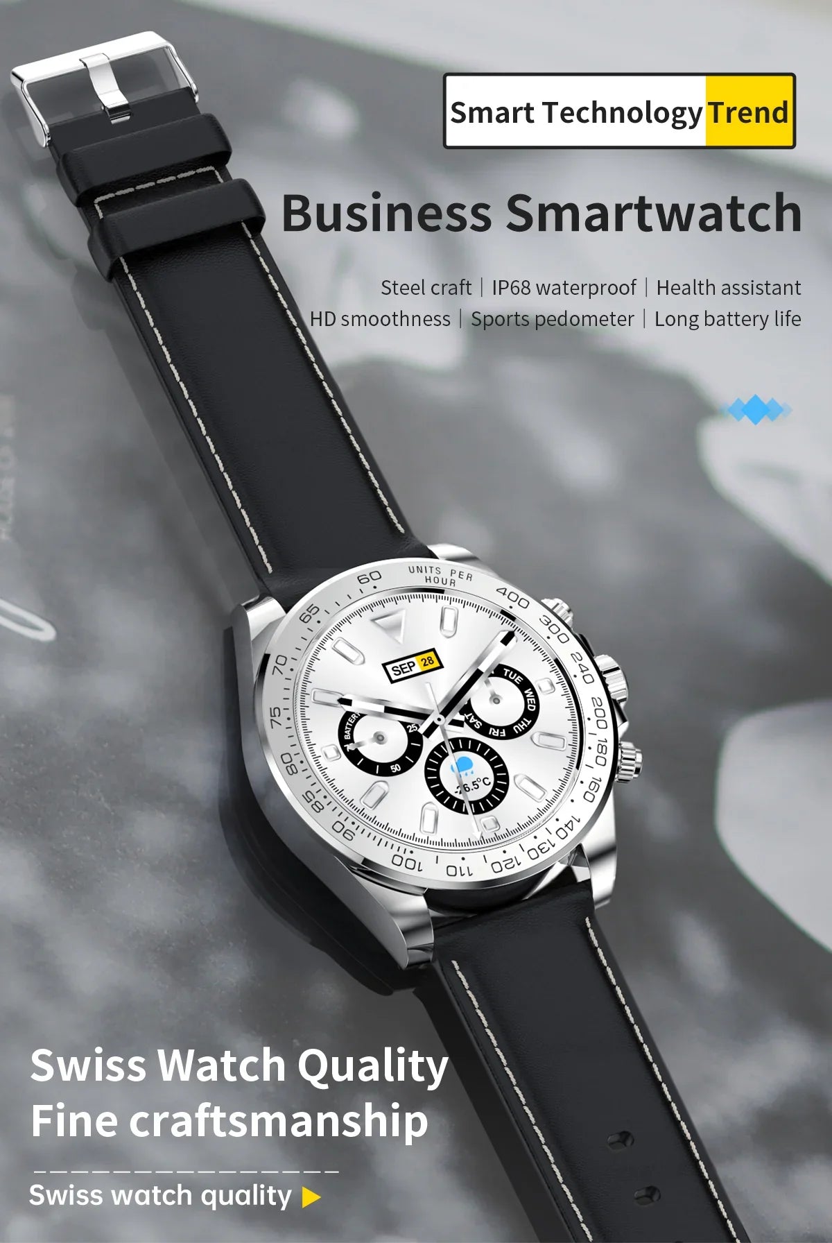 Business smartwatch with black leather strap, silver case, multifunctional dial, and Swiss craftsmanship