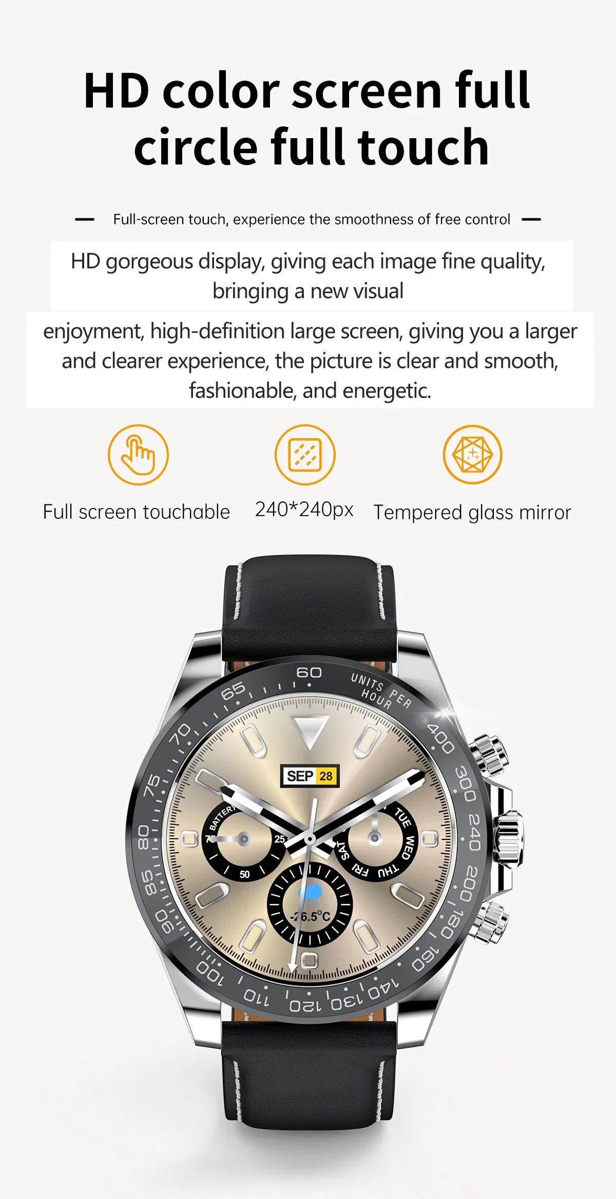 Smartwatch with HD color full circle touchscreen, black leather strap, and tempered glass mirror