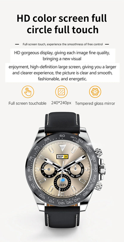 Smartwatch with HD color full circle touchscreen, black leather strap, and tempered glass mirror