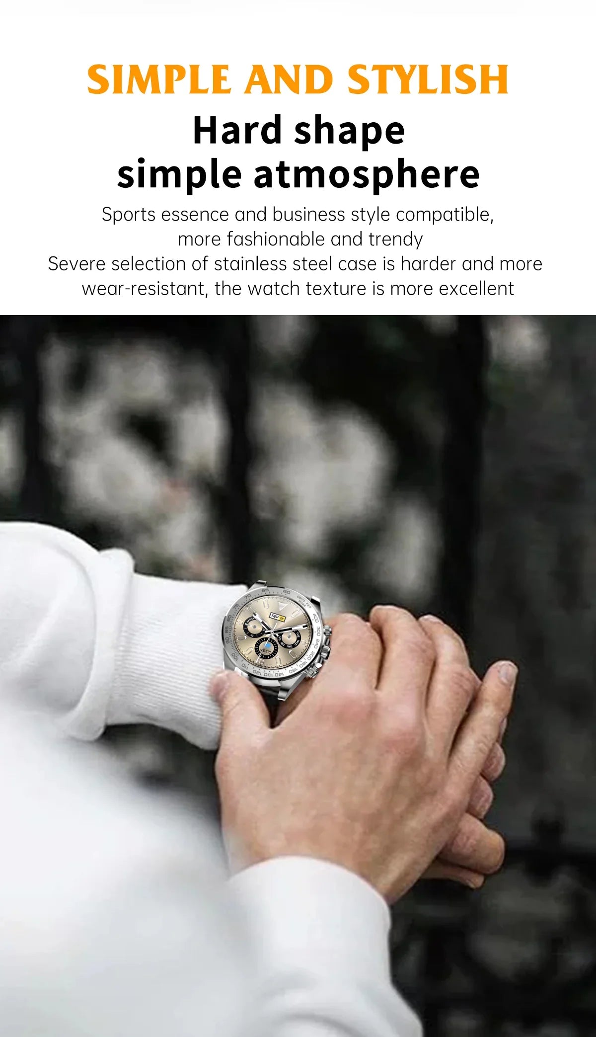 Close-up of person wearing stylish stainless steel sports watch with chronograph on wrist