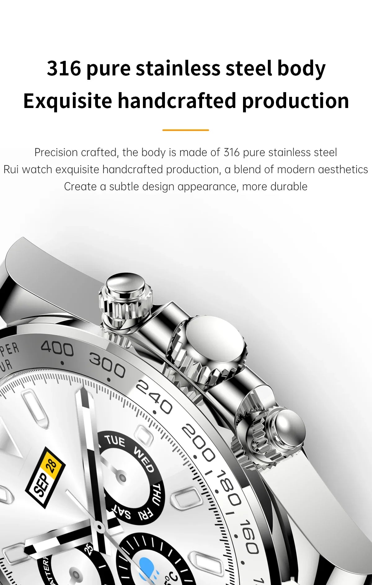 Close-up of a modern wristwatch with 316 stainless steel body and multifunction dials showing date and day