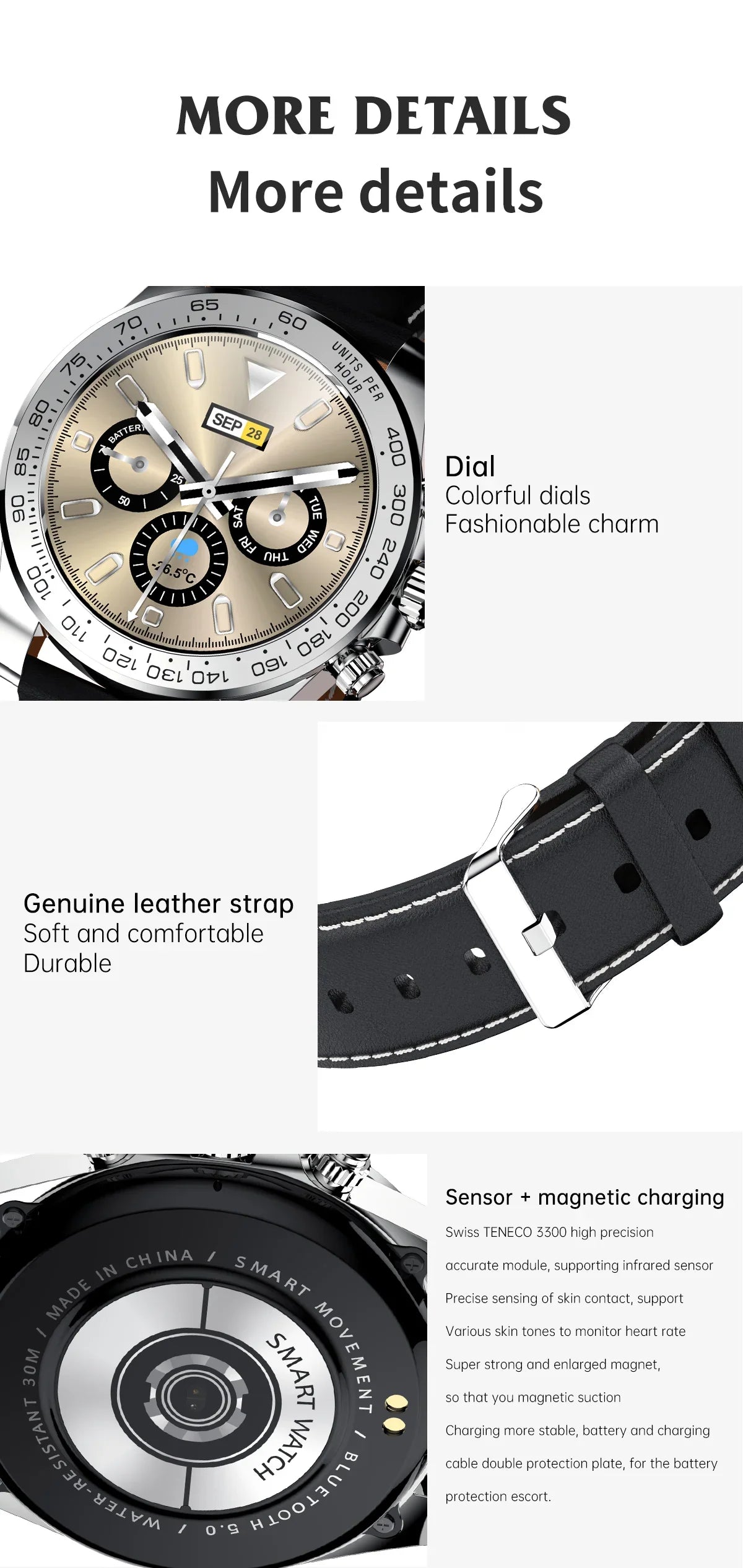 Smartwatch with colorful dial, genuine leather strap, and sensor for magnetic charging