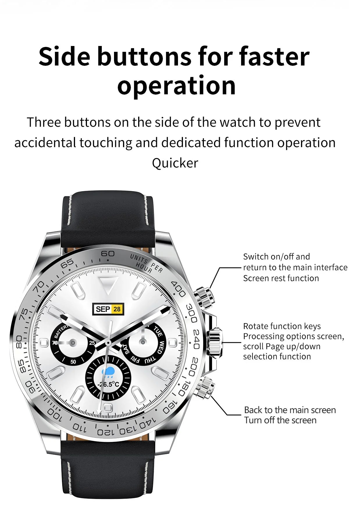 Silver watch with black leather strap featuring three side buttons for faster function control