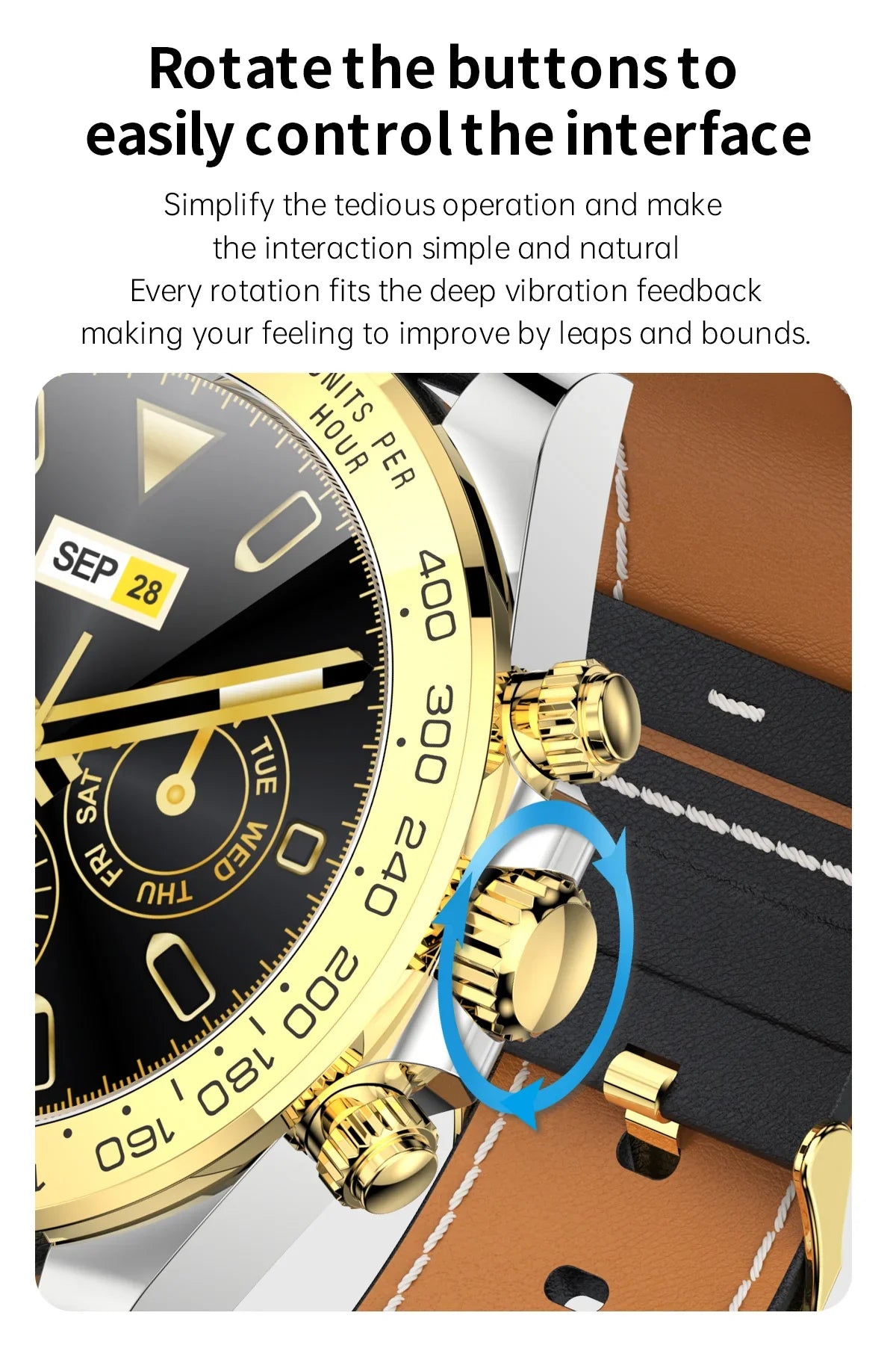 Close-up of gold and black chronograph watch with rotating buttons and brown leather strap