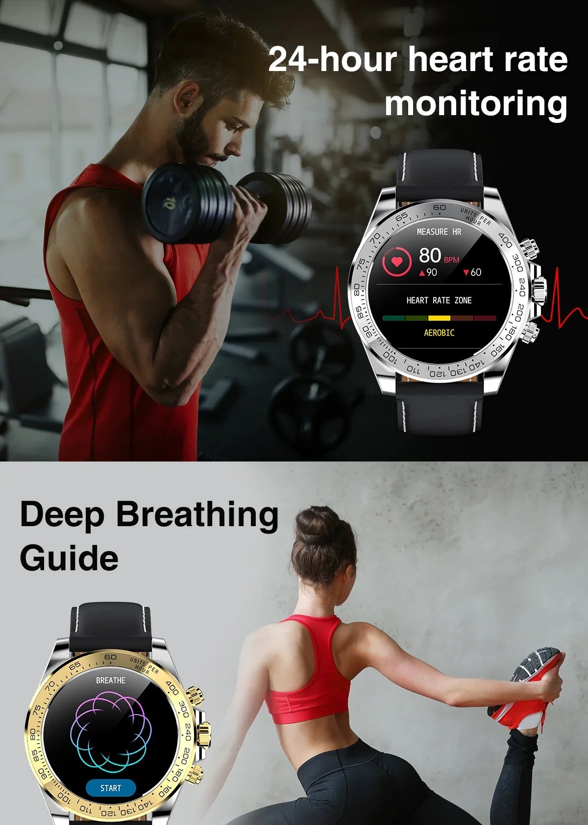 Smartwatch showing 24-hour heart rate monitoring and deep breathing guide with fitness models exercising