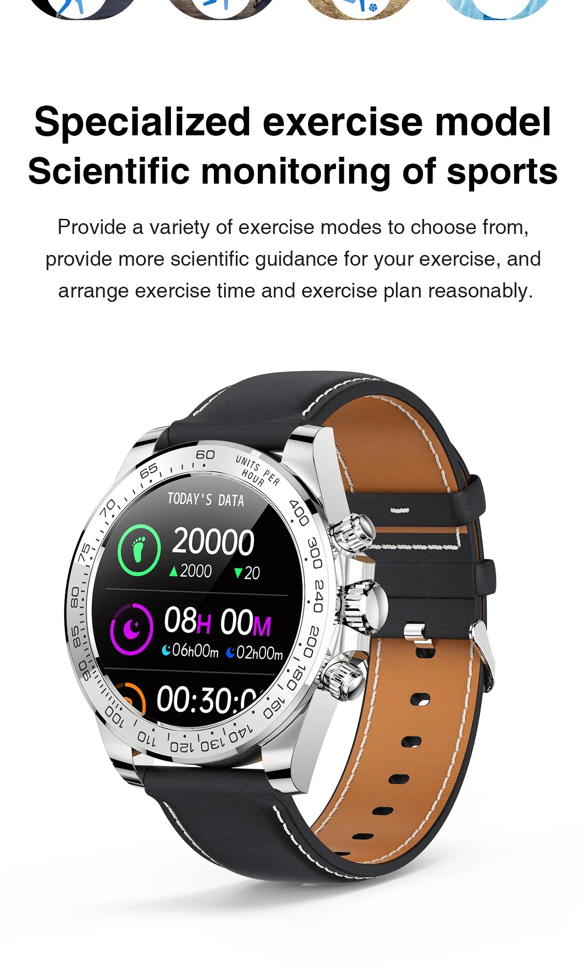 Silver smartwatch with black leather band displaying step count, sleep data, and timer on screen