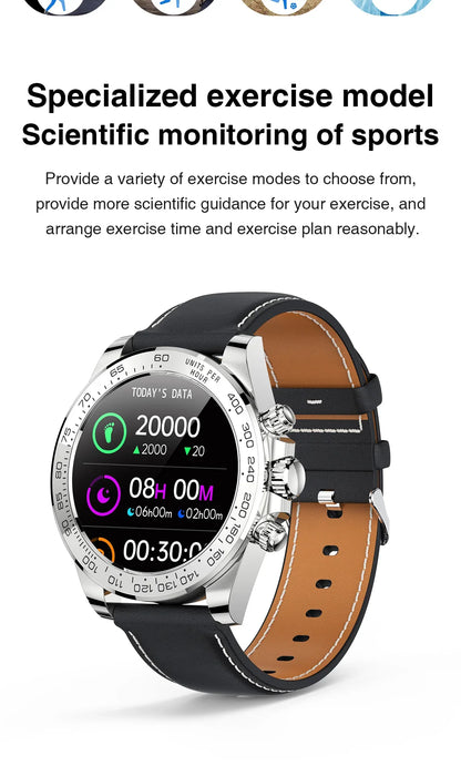 Silver smartwatch with black leather band displaying step count, sleep data, and timer on screen