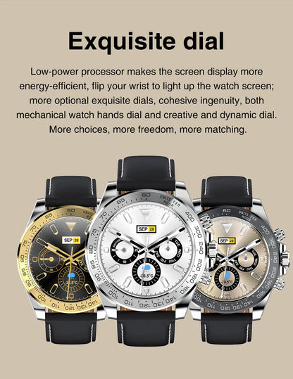 Three luxury chronograph watches with black leather straps and detailed dials showing date, day, and temperature