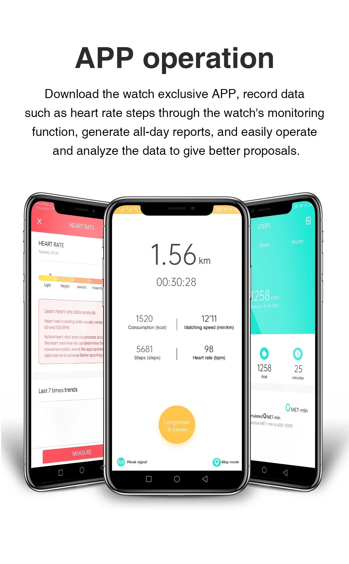 Three smartphones displaying heart rate, steps, and workout metrics from a fitness tracking app