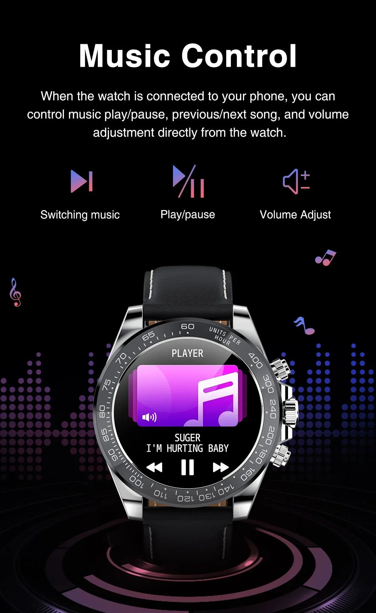 Smartwatch with music control features showing play, pause, next song, and volume adjustment