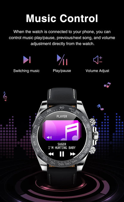 Smartwatch with music control features showing play, pause, next song, and volume adjustment