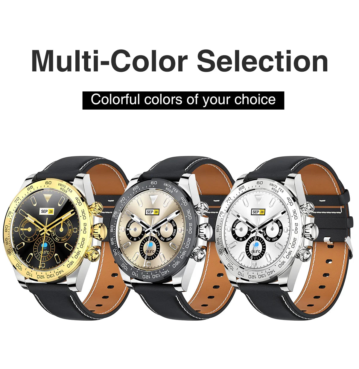 Three luxury wristwatches with black leather straps and gold, champagne, and silver dials with chronograph features