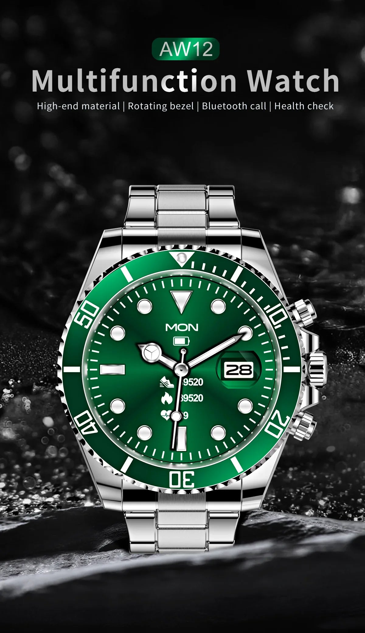 AW12 multifunction watch with green rotating bezel, silver strap, Bluetooth call, and health check features