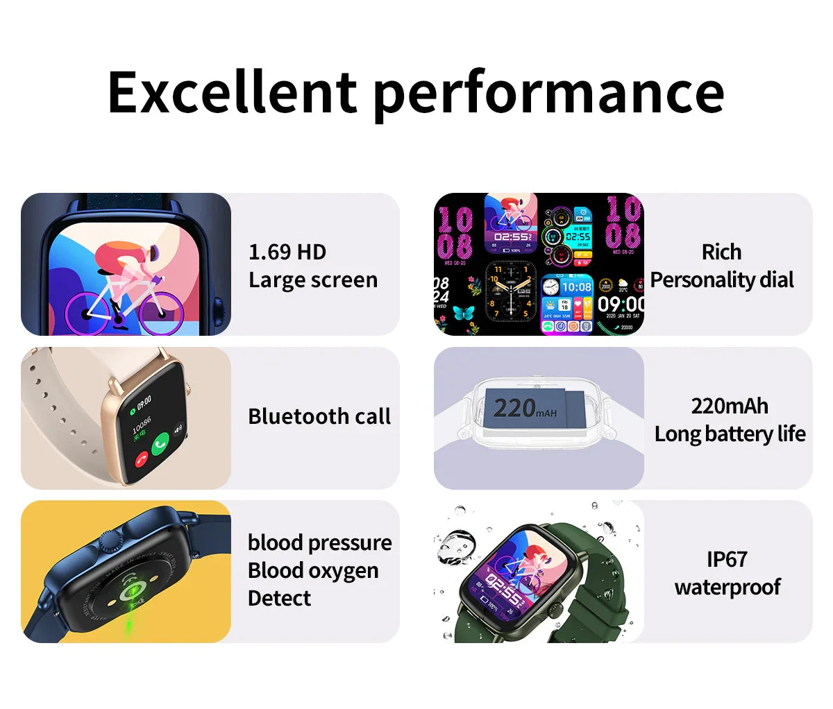 Smartwatch features including 1.69 HD screen, personality dial, Bluetooth call, 220mAh battery, health monitoring, and IP67 waterproof