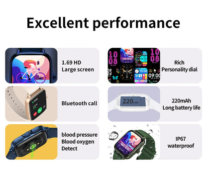 Smartwatch features including 1.69 HD screen, personality dial, Bluetooth call, 220mAh battery, health monitoring, and IP67 waterproof