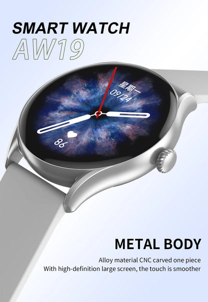AW19 smartwatch with metal alloy body and high-definition large touchscreen displaying time and heart rate