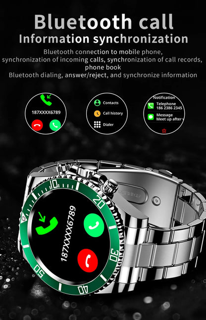 Silver smartwatch with green bezel showing Bluetooth call screen with answer and reject buttons