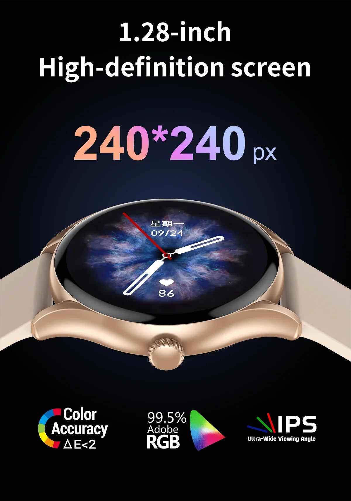 1.28-inch high-definition smartwatch screen with 240x240 px resolution, color accuracy, and IPS display