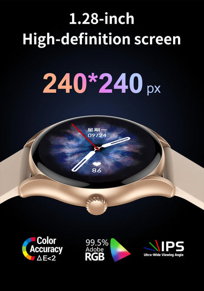 1.28-inch high-definition smartwatch screen with 240x240 px resolution, color accuracy, and IPS display