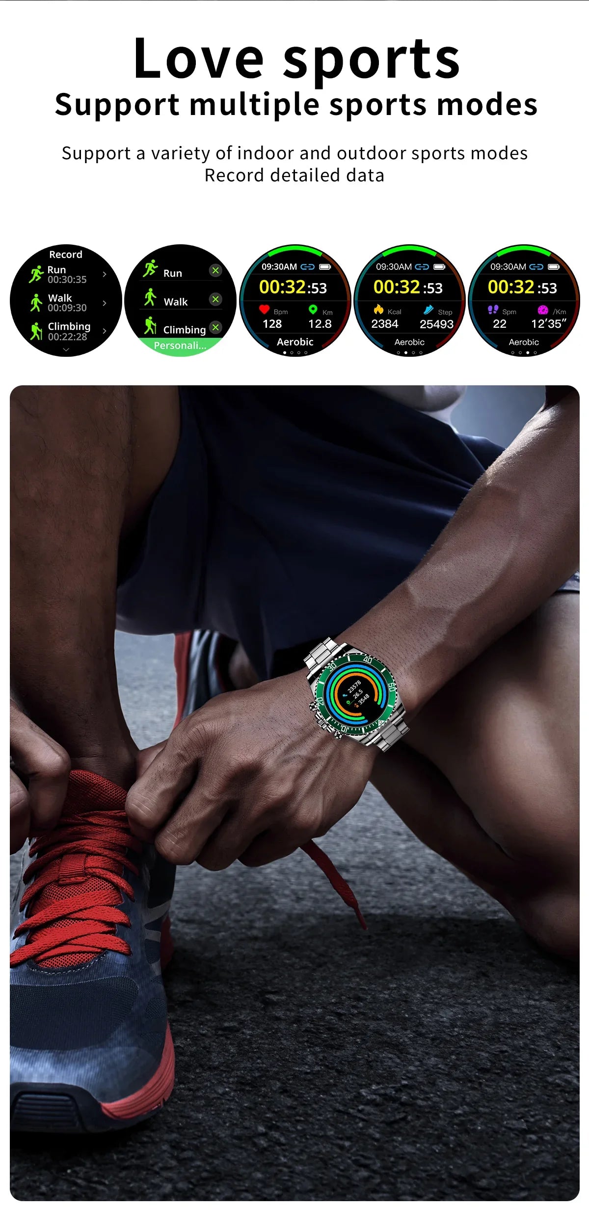 Man tying red running shoes wearing sporty smartwatch with fitness tracking on asphalt