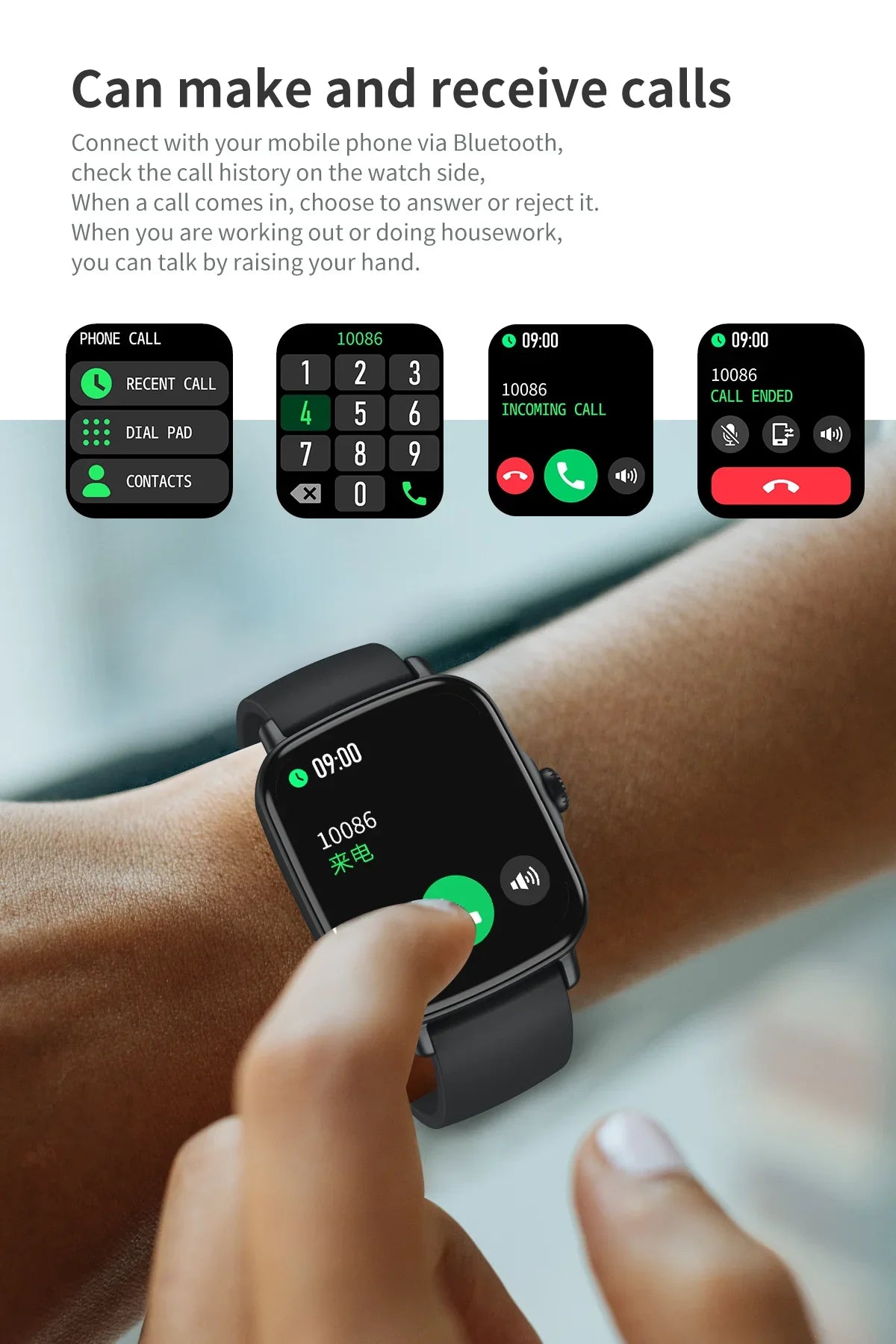 Smartwatch with black strap showing incoming call screen and call function icons