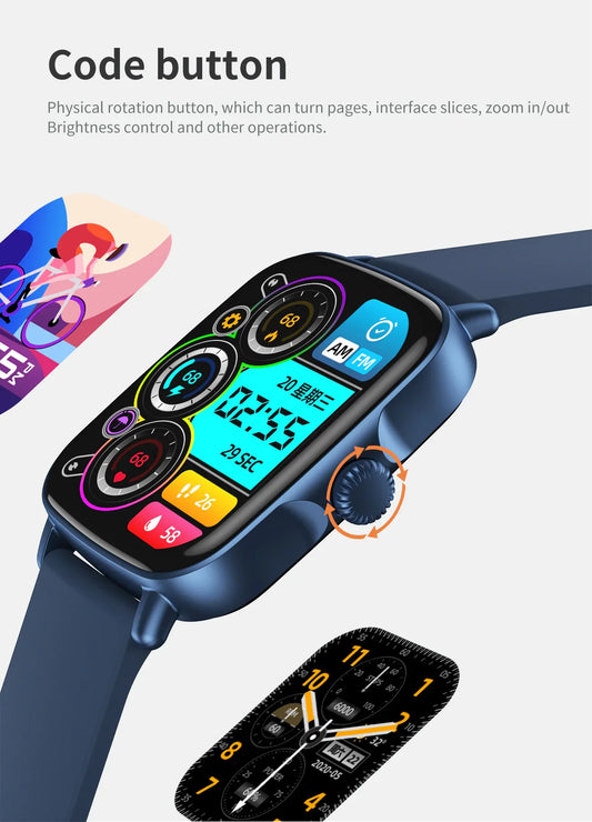 Blue smartwatch with colorful digital display and rotating code button on side for page navigation