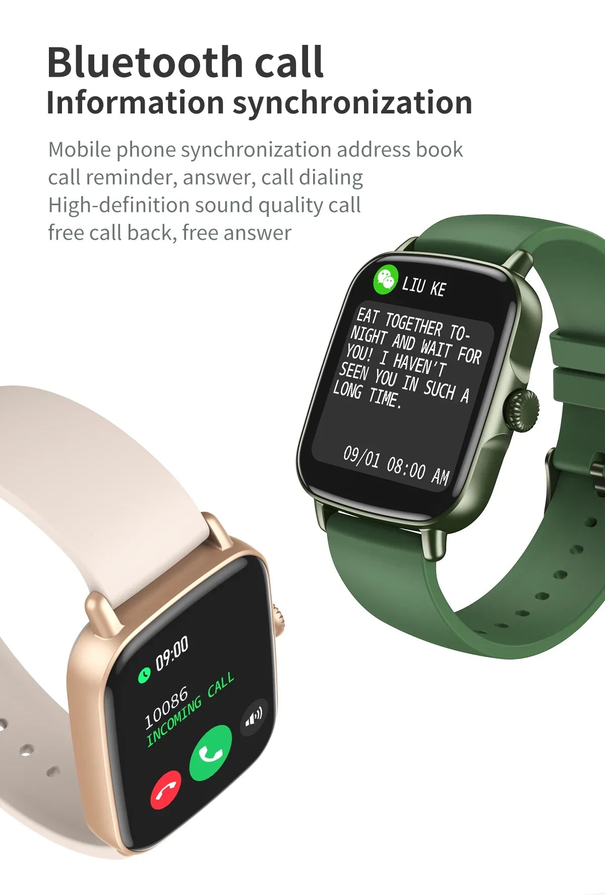 Two smartwatches with Bluetooth call and message features, green and beige straps, call and message displays