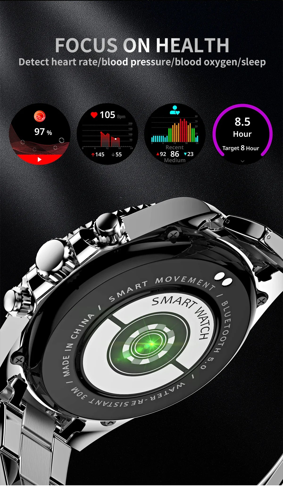 Close-up of silver smartwatch back with sensors and health monitoring features including heart rate, blood pressure, blood oxygen, and sleep tracking