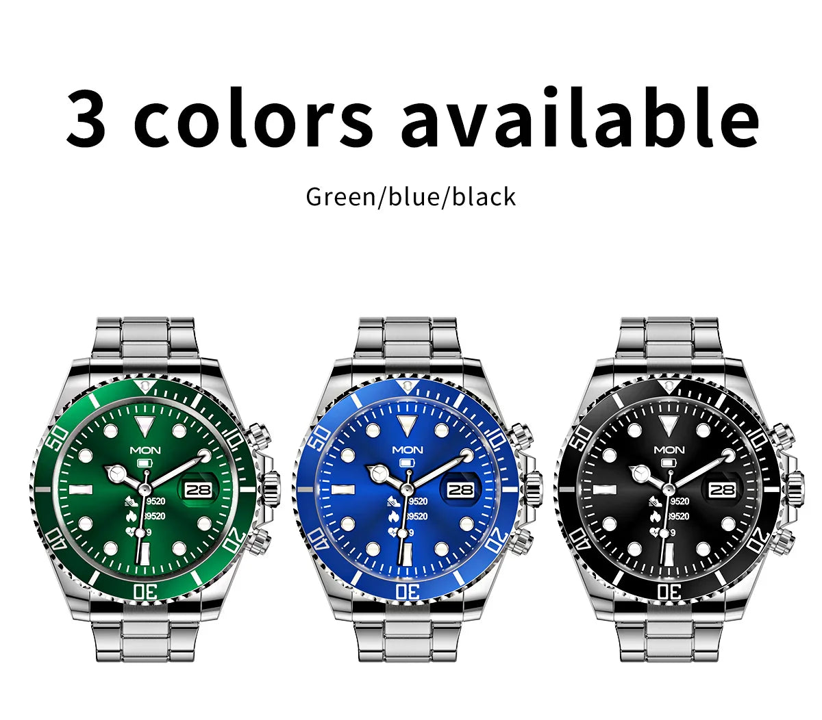 Silver stainless steel watches with green, blue, and black dials and rotating bezels