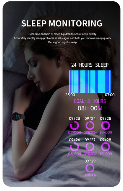 Woman sleeping on bed with sleep monitoring smartwatch tracking 24-hour sleep data and goals