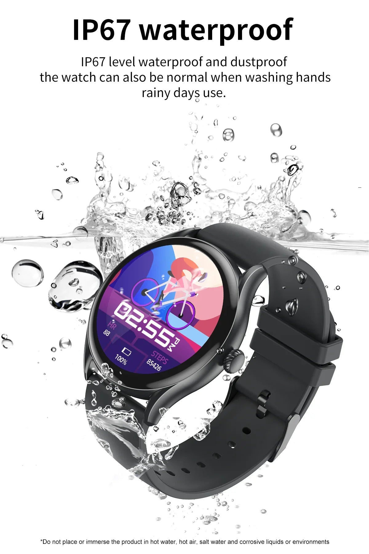 Black smart watch with fitness display submerged in water showcasing IP67 waterproof and dustproof features