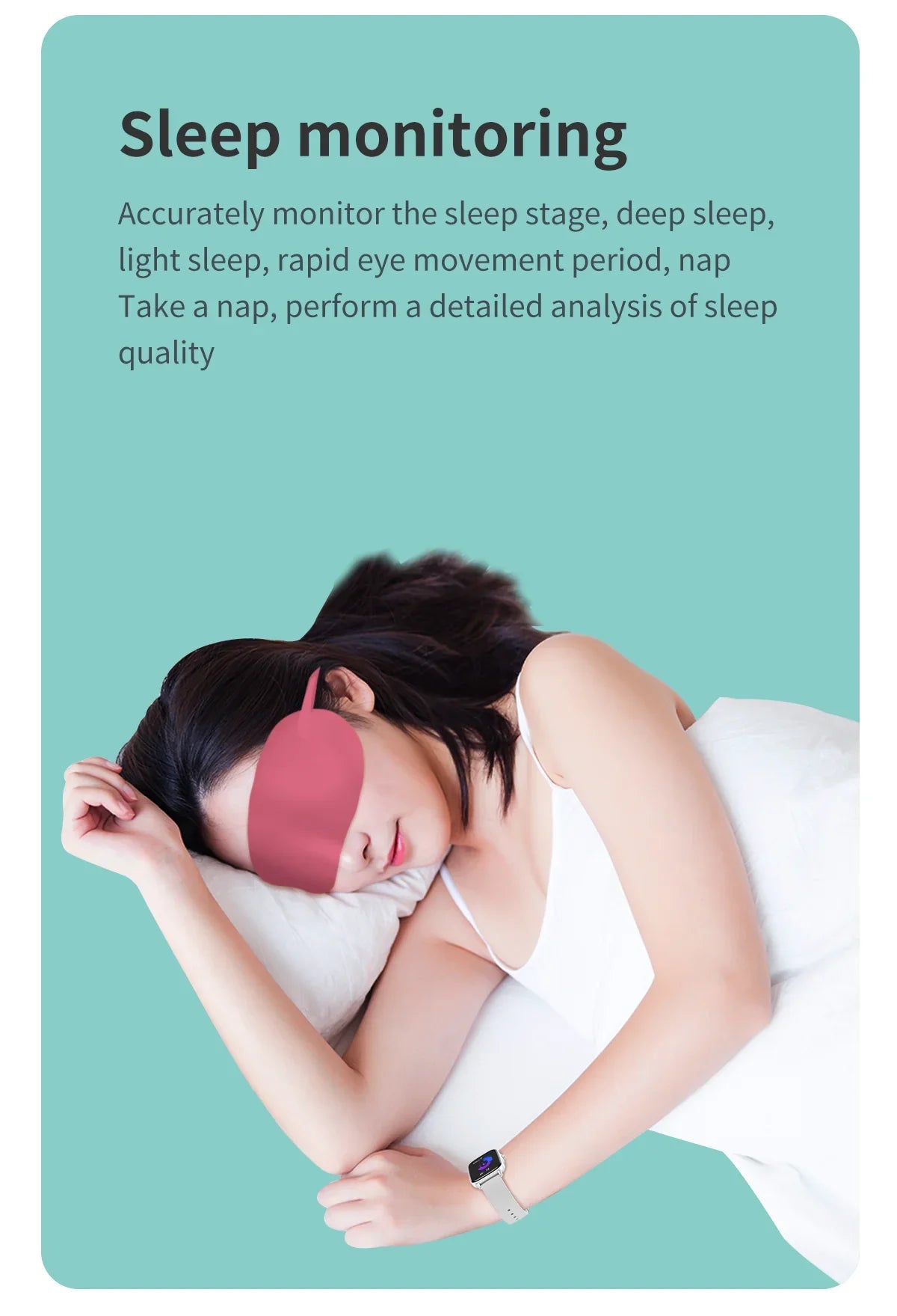 Woman sleeping with pink eye mask and smart watch, sleep monitoring and analysis text