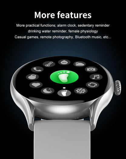 Silver smartwatch with circular icons displaying fitness, health, music, and photography features on black screen